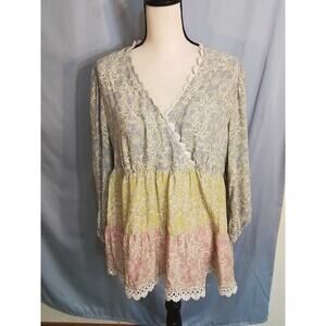 Cato vintage blouse,  blue, yellow and pink layers. Boho style.